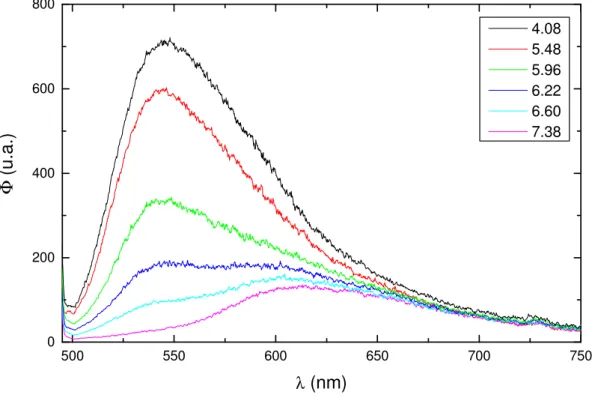 Figura 29: Espectros de emissão de fluorescência em função do pH para o CHMF em  SDS 0,1 mol.L -1 