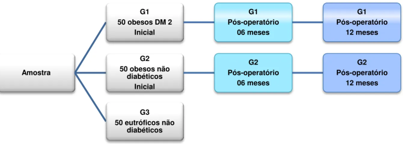 Figura 2  –  Composição da amostra conforme os grupos e os tempos de  avaliação. 