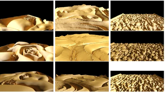 Figure 4.5: Exotic terrains generated by three different TPs (rendered with 3DS Max). The pictures of the third column were generated by Eq