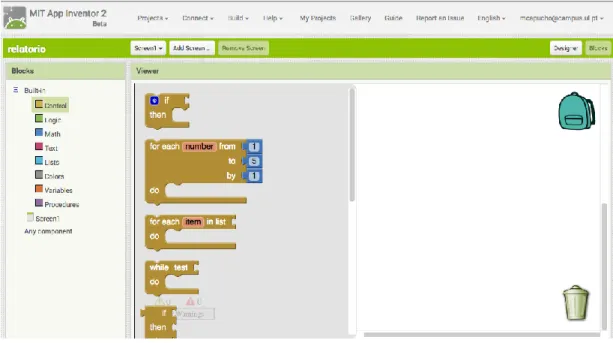 Figure 25 - Figura que representa o interface de Blocos da ferramenta da “MIT App Inventor 2”