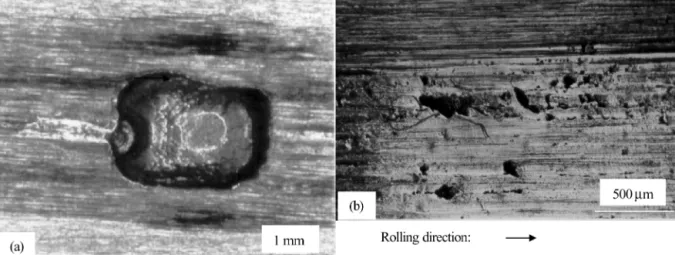 Fig. 8 Deterioration types in the specimens with R a = 0.5 mm, after RCF tests: (a) Spalling P H = 2.2 GPa, N = 1.8 × 10 5 cycles; and (b) Microspalling P H = 2.2 GPa, N = 10 7 cycles.