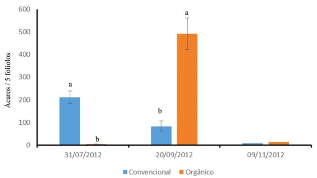 Figura 3 - Níveis  populacionais de  Tetranychus  urticae (ácaros por cada cinco folíolos) em  cultivos  orgânico  e  convencional  de  morangueiro  no  município  de  Senador  Amaral,  Minas  Gerais,  2012