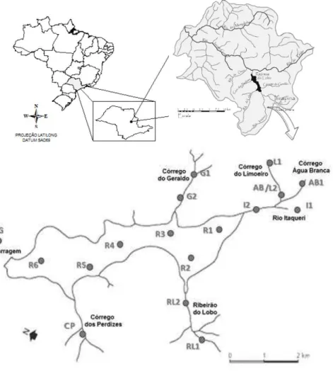 Figura  2.  Localização da  bacia  hidrográfica  do  Lobo e  dos pontos de  coleta,  sendo I: rio Itaqueri; RL: 