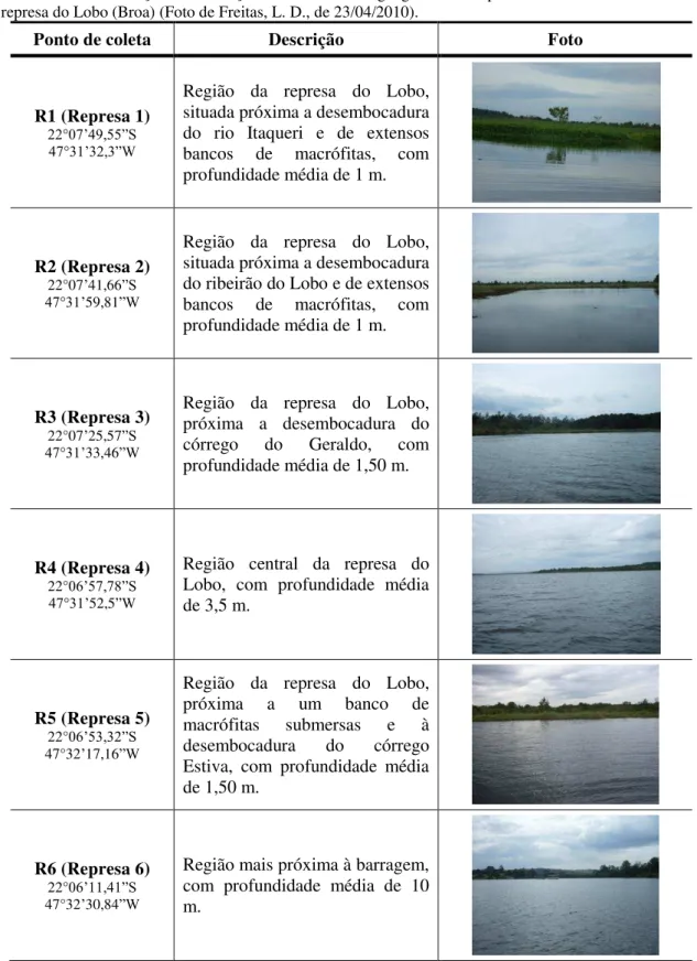 Tabela 2. Caracterização e localização em coordenadas geográficas dos pontos de coleta distribuídos na  represa do Lobo (Broa) (Foto de Freitas, L