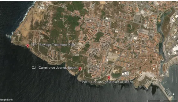 Figure 4. South coast of Peniche (Portugal), showing the sampling sites: (A) sewage treatment plant  (STP; 39.358447°, −9.405446°), (B) beach 1 (CJ; 39.354758°, −9.394529°), and (C) beach 2 (PAS; 