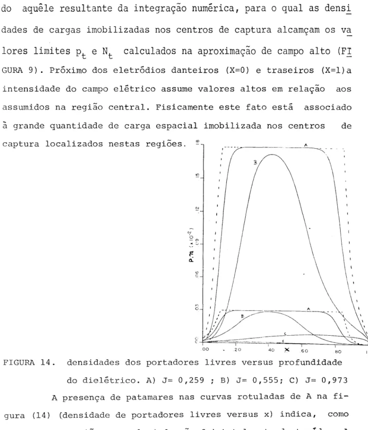 FIGURA 14. densidades dos portadores livres versus profundidade do dielétrico. A) J= 0,259 ; B) J= 0,555; C) J= 0,973 A presença de patamares nas curvas rotuladas de A na  fi-gura (14) (densidade de portadores livres versus x) indica, como antes que a regi