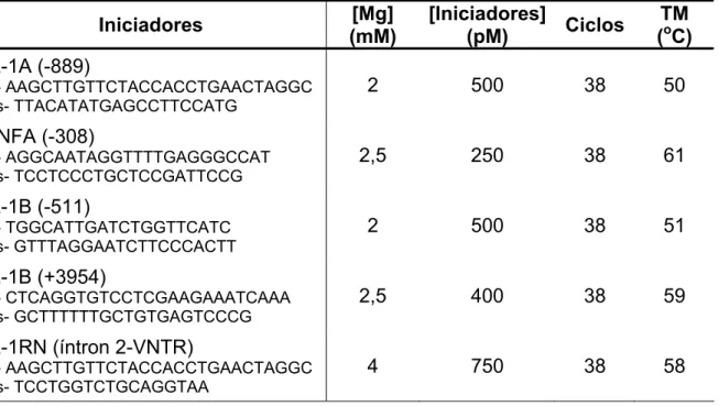 Tabela 4.1 – Relação dos iniciadores, concentração de magnésio, concentração dos iniciadores,  número de ciclos e temperatura de anelamento 