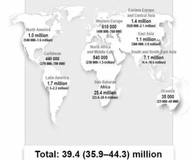 Figura 1: Números estimados de adultos e crianças vivendo com AIDS no final de 2004.[2]  