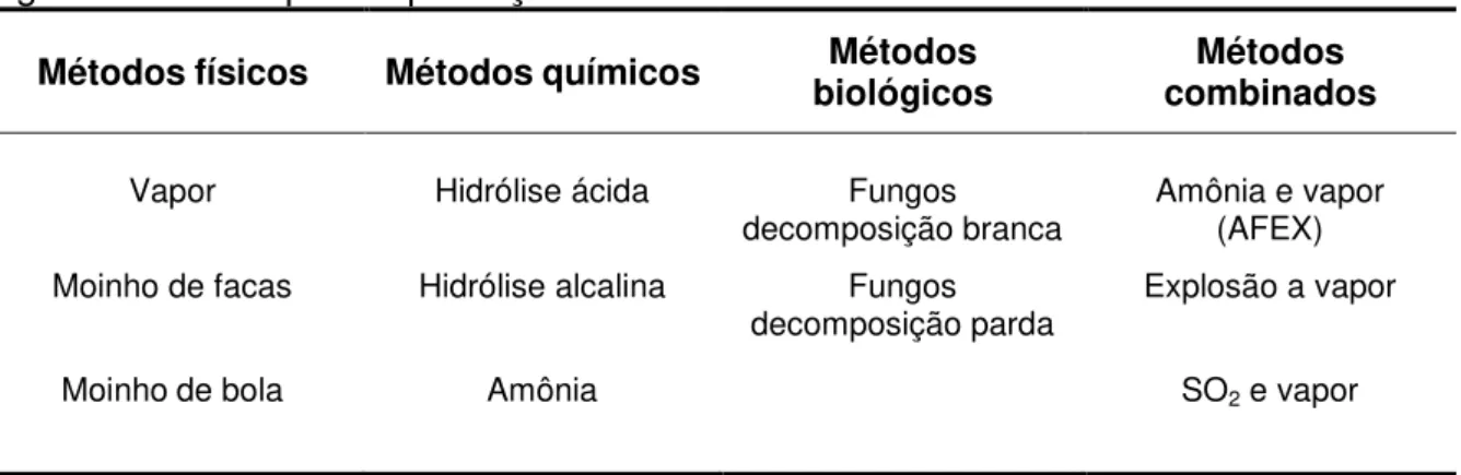 Tabela  1  -  Principais  métodos  de  pré-tratamento  das  biomassas  lignocelulósicas para a produção de etanol