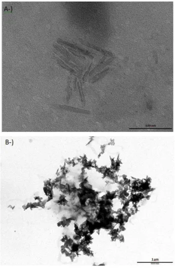 Figura 6. Imagens de MET da superfície dos catalisadores A-) OMS-2 com aumento de  230 K; B-) OMS-2/C com aumento de 19,5 K