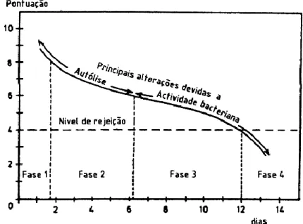 Figura  2  -  Alterações  na  qualidade  sensorial  do  bacalhau  conservado  em  gelo  (0°C)