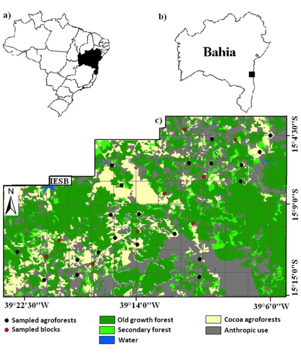 Figure S1: (a) Map of Brazil outlining the State of Bahia.  (b) Map of Bahia showing  the location of the study agroforestry mosaic (black square)