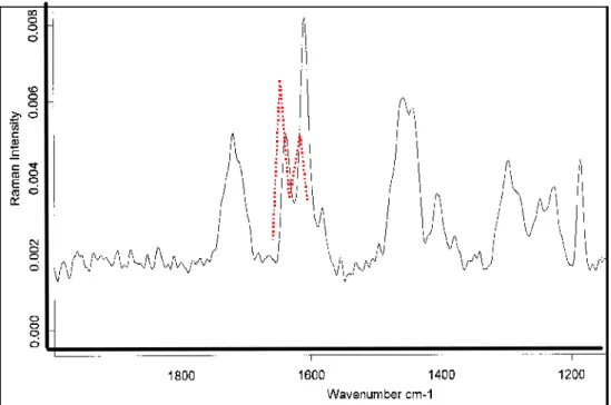 Figura 5.1 - Espectros obtidos com FT- Raman para amostras não- polimerizada (em vermelho)  e polimerizada 