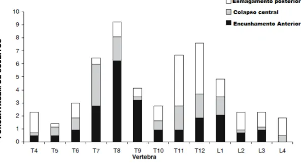 Figura 3. Distribuição das deformidades vertebrais segundo o local de acometimento  na coluna vertebral através do MXA