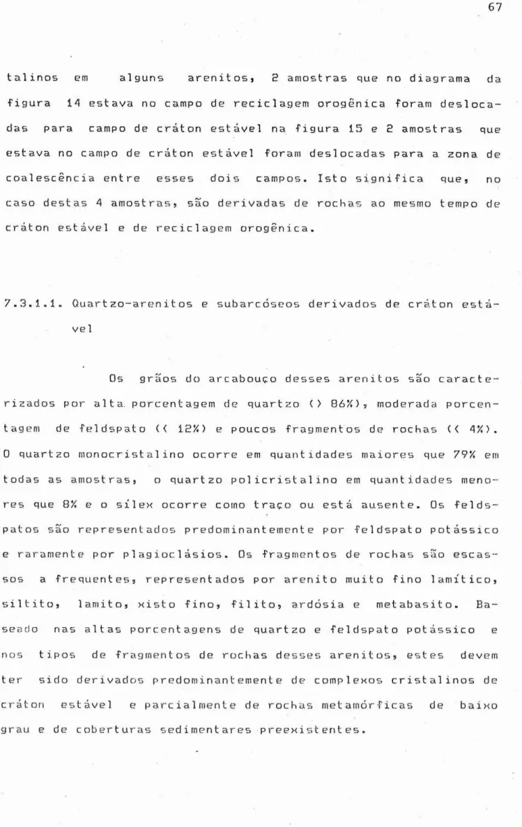 figura  t4  estava  rìo  campo  de reciclagem  orogênica  foram  deEloca- deEloca-das  para  campo  de cråton  estável  na  figura  15 e  ?  amostras  que estava  no  campo  de cráton  eståvel  foram  deslocadaE  para  a  zona  de coal  escênc  ia  ent  re