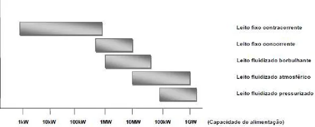 Figura  3.4  –  Tipos  de  gaseificadores  e  escala  típica  da  capacidade  de  alimentação  (DAURIAT, 2006) 