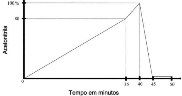 Figura 4.2  – Programação da eluição utilizada no modo gradiente para análise de aldicarbe por cromatografia líquida  de alta eficiência (CLAE)