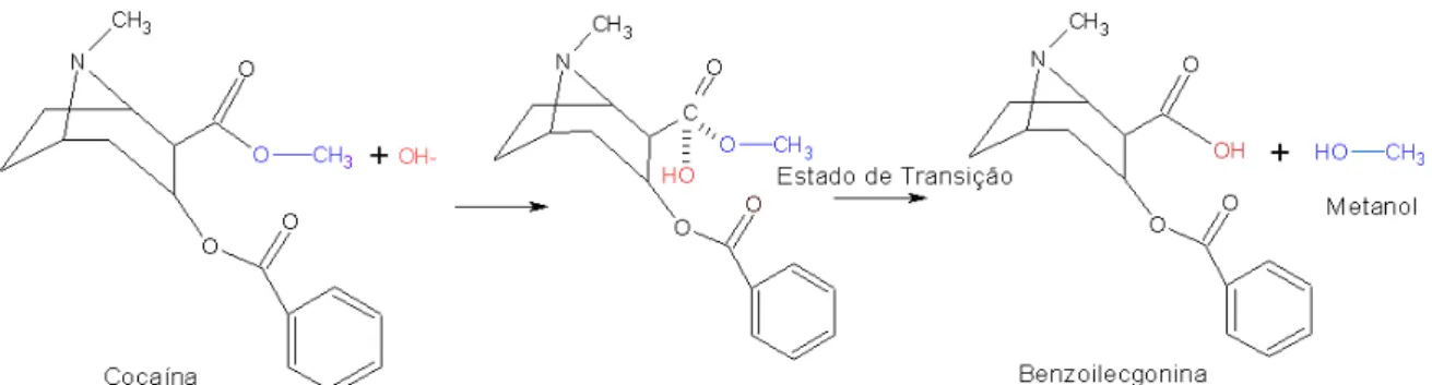 Figura 10. Reação de hidrólise alcalina da cocaína na síntese de crack.    