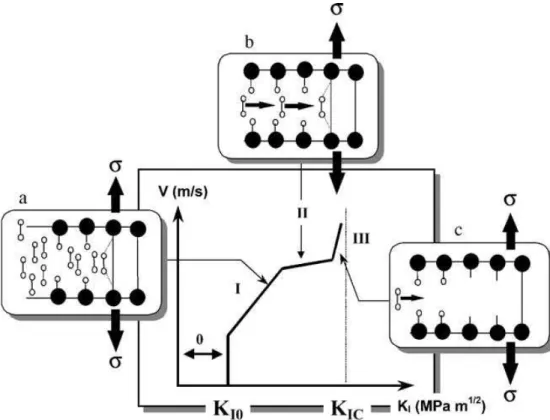 Figura 2.6 - Curva v - KI representando as regiões I, II e III.  Os esquemas a, b e c mostram como  ocorrem as interações entre as moléculas do ambiente e da cerâmica [1] 