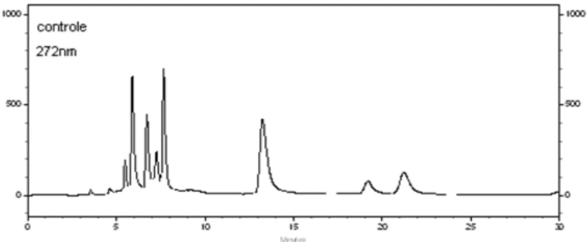 FIGURA 14 - Perfil cromatográfico da amostra de chimarrão irradiada com a dose de10kGy  no comprimento de onda 272nm