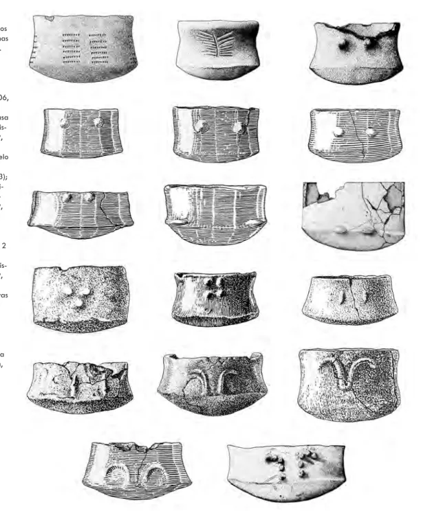 Fig. 4 – Motivos  decorativos genéricos  registados nas formas  de tipo Crato/Nisa.  1: Anta de Alter   do Chão;   2, 3, 9 e 17: Anta  da Horta, Alter do  Chão (Oliveira, 2006,  pp
