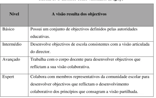 Tabela 1: O director como visionário (Begley) 