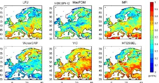 Figure 4.15: Maps of temporal correlation between NSM and SPI-12 over Europe: LPJ, MacPDM, MPI, WaterGAP, VIC and  HTESSEL models