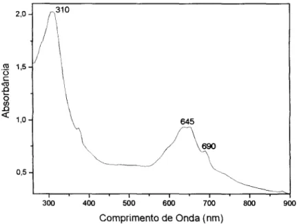 Figura 2.13: Espectro de absorção na região do UV-Vis. da RuPc em clorofórmio (fração restante no papel de filtro)