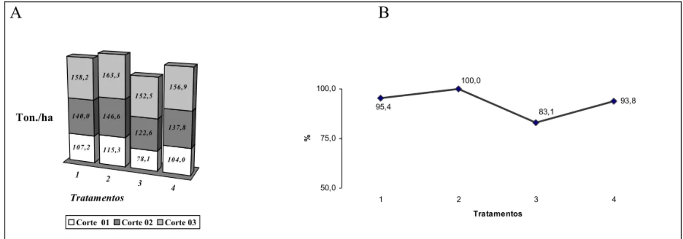 Figura 7 – Estimativa da produtividade (A) e Percentual de danos (B), acumulados nos  3 cortes da Variedade RB 05