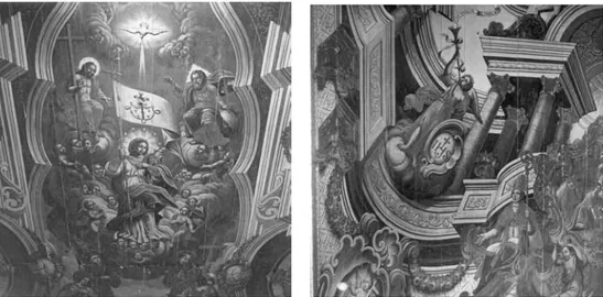 Fig 1 e 2 – Detalhes da pintura do forro da nave da igreja conventual dos franciscanos   – João Pessoa/Paraíba