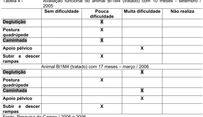 Tabela 4 -   Avaliação funcional do animal BI1M4 (tratado) com 10 meses - setembro /  2005  