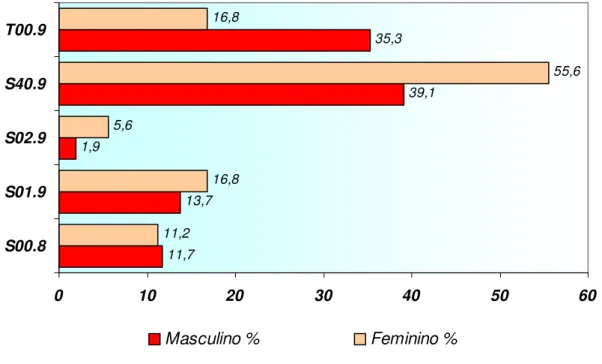 Gráfico 2 – Distribuição de idosos que sofreram maus-tratos no domicílio, segundo  sexo e mais que um tipo de lesão sofrida, CID-10, Ribeirão Preto 2002 