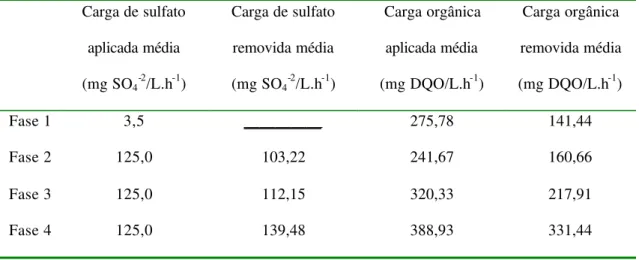 Tabela 5.3: Variação média das cargas orgânicas e cargas de sulfato nas Fases 1 a 4.