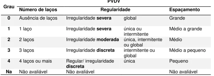 Tabela  1  -  Classificação  dos  graus  dos  parâmetros  dos  PVDV,  número  de  laços,  regularidade e espaçamento dos traçados