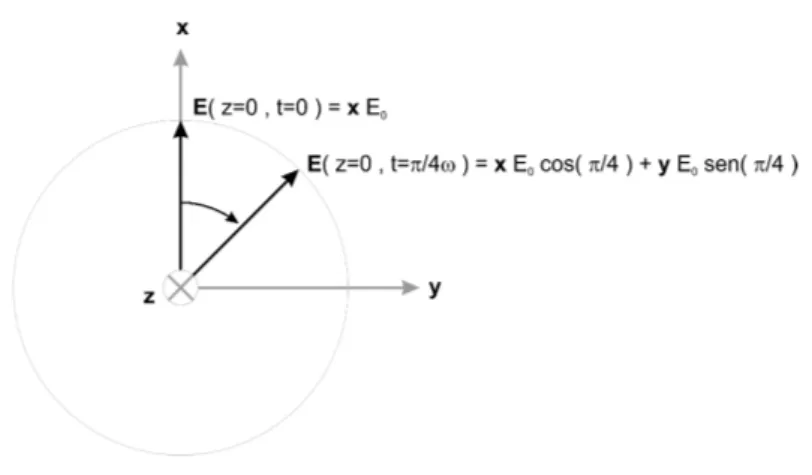 Figura 4.2: Vetor campo elétrico de uma onda de luz RHCP que se propaga na direção z em dois instantes: t = 0 e t = π/4ω.