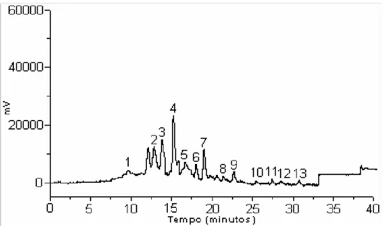 Figura 9. Cromatograma típico de uma amostra de cachaça produzida com  cana-de-açúcar não queimada: 1= naftaleno, 2= acenafteno, 3= fluoreno, 4= 