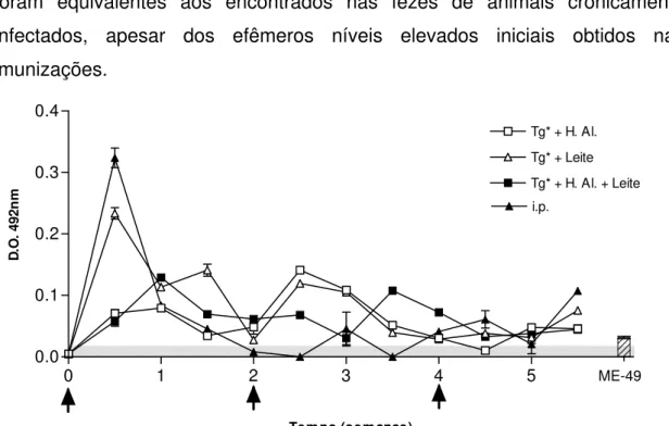 Figura 8 – Produção de anticorpos IgA específicos nas fezes de camundongos C57Bl/6j  inoculados com 1, 2 e 3 doses de 1x10 7  taquizoítos de T