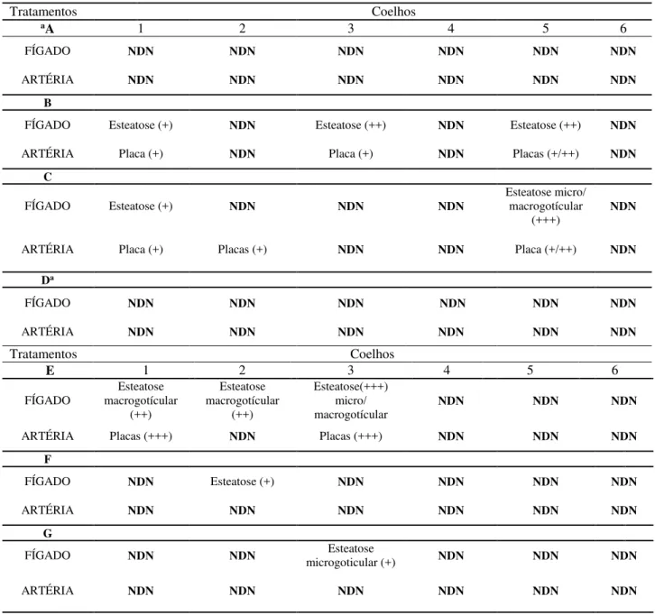 Tabela  7.  Determinações  histopatológicas  em  artérias  e  tecidos  em  coelhos  no  período  de  75  dias