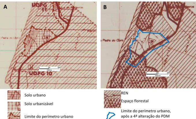 Fig. 18 Perímetro urbano da Pedra do Ouro nas plantas de ordenamento (A) e de condicionantes (B)  do PDM de Alcobaça, versão em vigor 