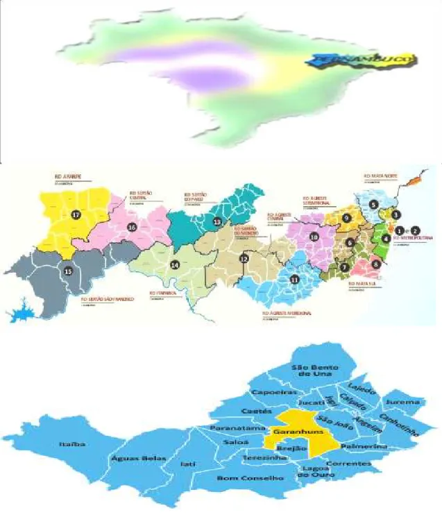 Figura 1. Mapa do Brasil com destaque para o  Estado de Pernambuco e suas  Gerências Regionais de Educação (GRE), com destaque a Gerência Regional de  Educação do Agreste Meridional – Garanhuns, (GRE-AM) 