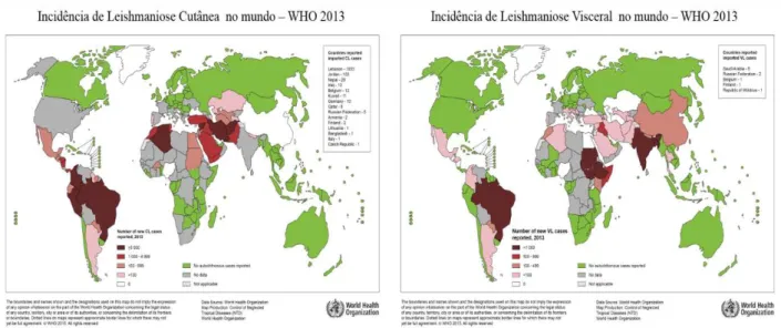 Figura 1 . Mapa de incidência de Leishmaniose Cutânea e Leishmaniose Visceral no mundo - OMS 2013