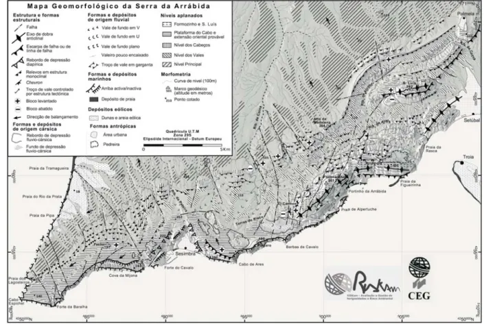 Figura 7 - Mapa geomorfológico simplifi  cado da cadeia da Arrábida. Versão detalhada e a cores em Fonseca et al