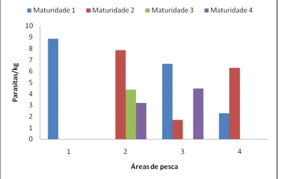 Figura 2.10 Incidência de parasitas/kg de pescado em diferentes níveis de maturidade sexual  em função das áreas de pesca 