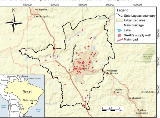 Fig. 1. Location map of Sete Lagoas, in UTM coordinates, showing the urbanized area limits  located in the central portion of the municipality