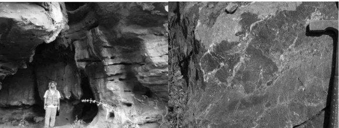 Fig. 4. Caves or grottoes in the Lagoa Santa Member (left; UTM: 571617/7850185), characterized by  calcarenites rich in ooids (biosparites/grainstone, right, UTM: 571750/7847050)