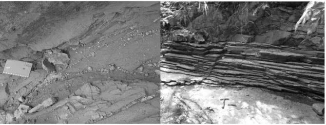 Fig. 4. Quartz veins in subvertical fracture systems in phyllites layers (top of the Santa Helena Ridge -  left, UTM: 577708/7852972) and slate with a well-developed rock cleavage coincident to the bedding  planes (right, UTM: 576695/7852000)