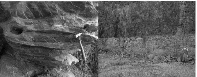 Fig. 5. Sigmoidal deformations form outcrop in Lagoa Santa Member indicating mass transport (left,  UTM:  571617/7850185)  and  contact  between  the  Pedro  Leopoldo  Member  (lower)  and  the  Lagoa  Santa Member (upper) (right, UTM: 570000/7847000).