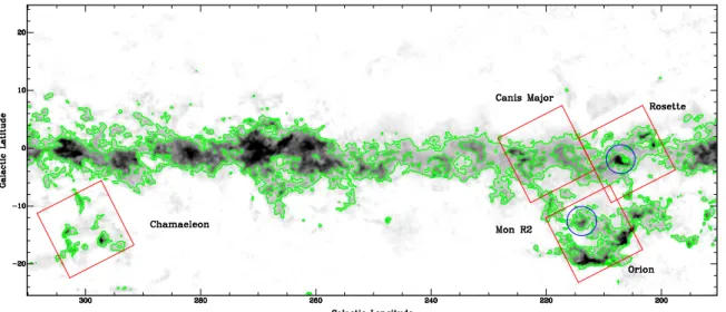 Figura 1.5: Mapa de extin¸c˜ ao visual indicando os contornos de A V =0.5 e 1.0 mag. Destaque para alguns complexos de nuvens moleculares (losˆangulos vermelhos) e para as nuvens Rosette e Mon R2 (c´ırculos azuis, com raio de 5 ◦ ), estudadas neste trabalh