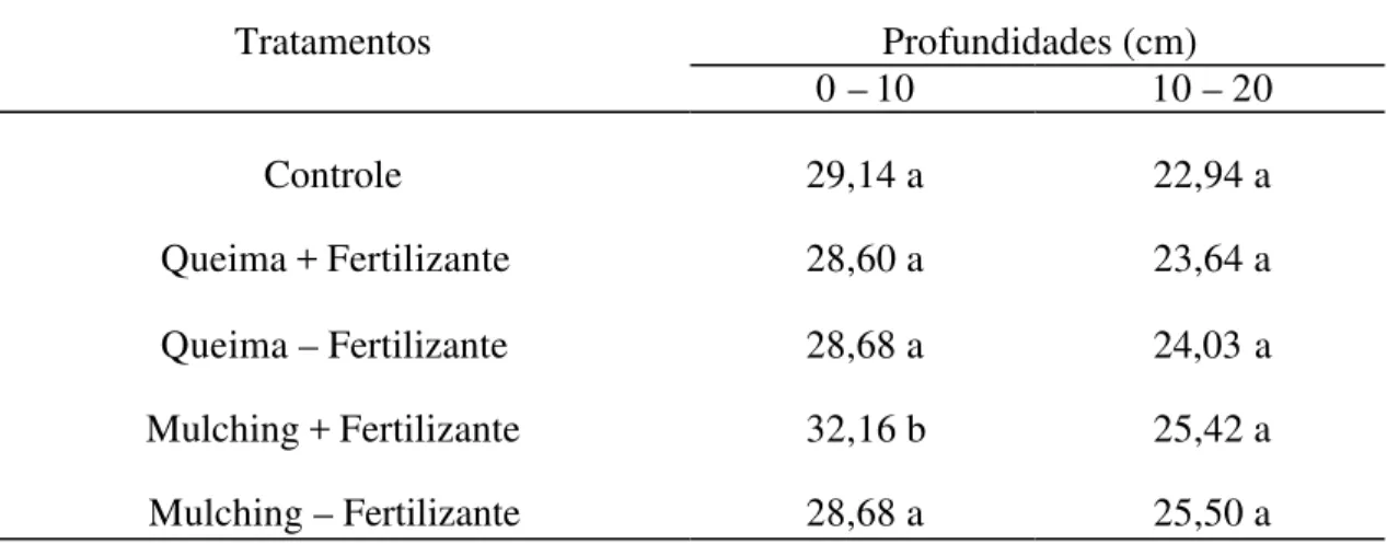 Tabela 11. Teores médios de matéria orgânica (g dm -3 ), durante as 4 épocas de  amostragens das profundidades 0-10 e 10-20 cm em função dos  tratamentos aplicados na área VS10a