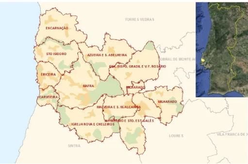 Figura 2.1 - Delimitação das freguesias do concelho de Mafra e enquadramento  geográfico 